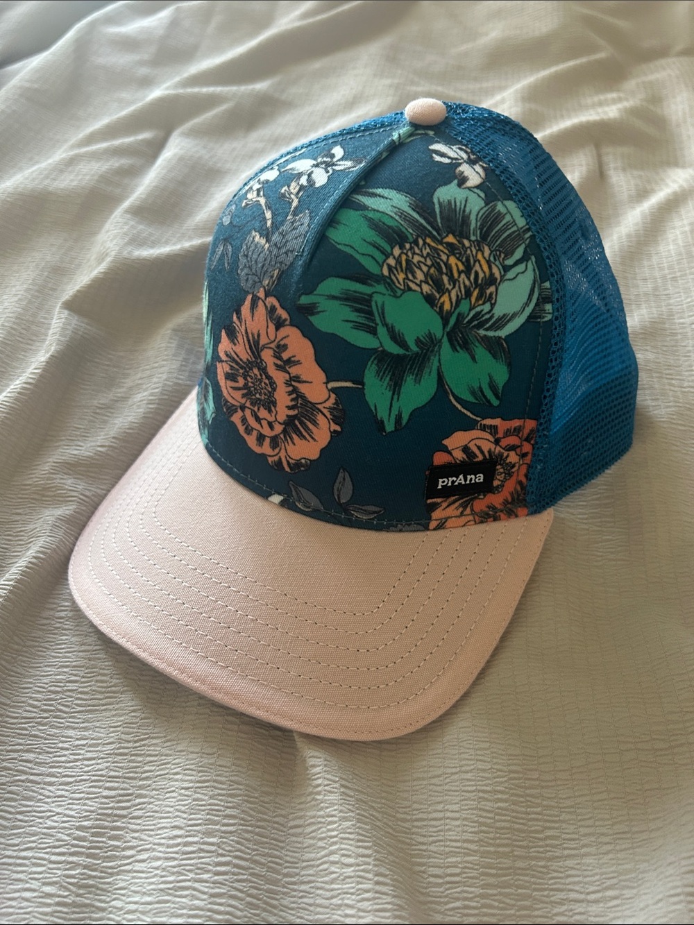 Prana Teal Floral Trucker Hat with Pink Bill